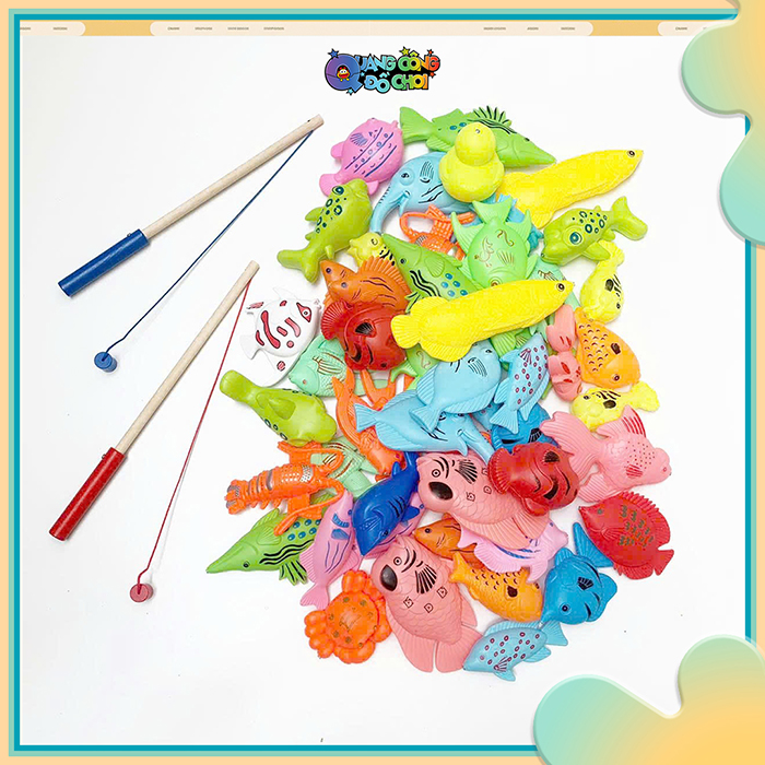 combo cần câu bằng gỗ cho bé và cá nhựa sinh vật biển